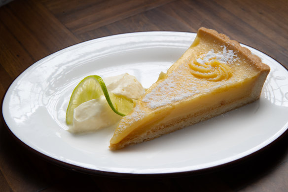 Pie of the day, perhaps a lime curd number, is served with whipped cream.