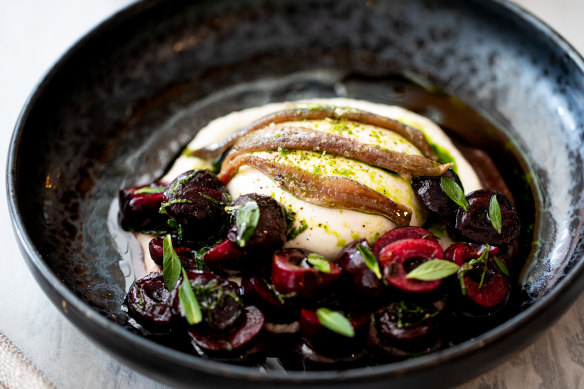 Cherries cool and refresh a savoury dish of burrata with anchovy and creamed almond. 