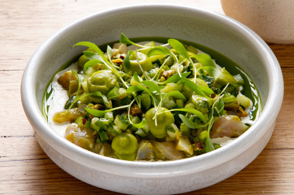 Trevally ceviche is served with pistachio pico verde.