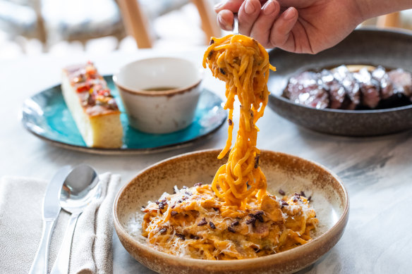 Spaghetti carbonara with chorizo, salami, guanciale, ’nduja and pecorino.