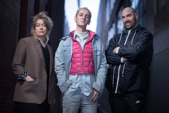 Benjamin Nichol, centre, with performers and collaborators Brigid Gallacher and Charles Purcell.