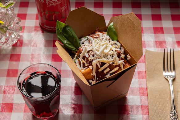 The namesake pasta alla Norma, a sticky eggplant and tomato dish.