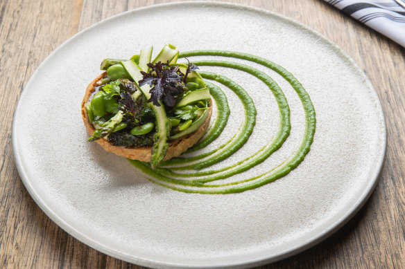 Asparagus tart with curd, broad beans and a parmesan sable from The Recreation’s spring menu.