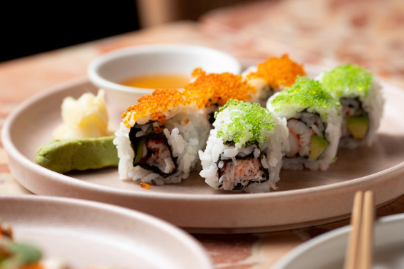 The camera-ready Alaskan crab sushi roll.