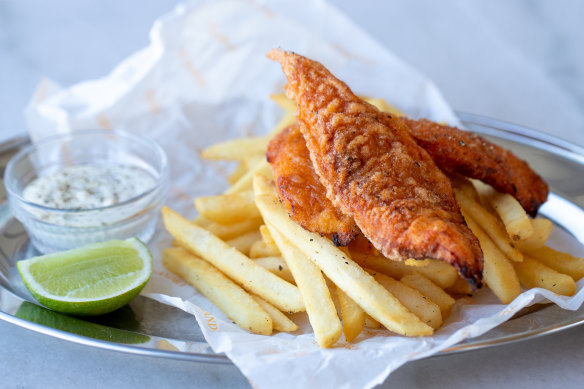 Harissa snapper fish and chips with tartare.