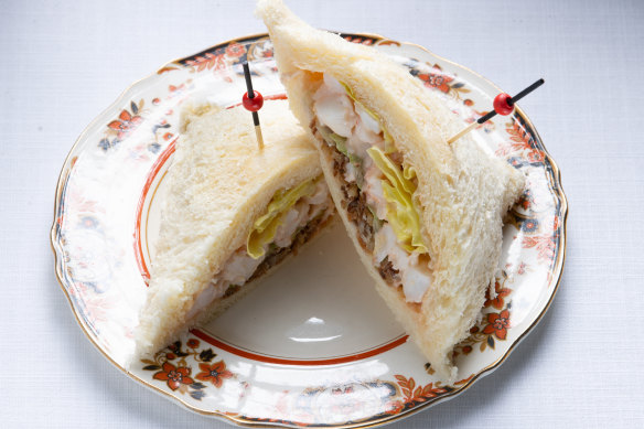 Prawn tramezzini, two-bite sandwiches filled with salsa rosa-dressed shellfish.