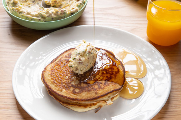 The bacon butter can be made ahead, and the batter blitzed in a blender on Mother’s Day morning.