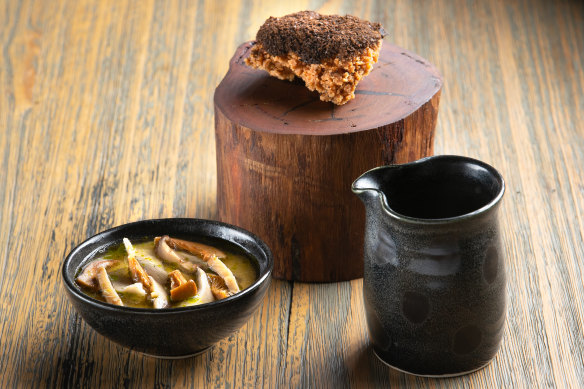 Zoe Birch’s non-traditional chawanmushi (savoury custard) with wood-grilled mushrooms, lion’s mane schnitzels and mushroom dashi (in jug).