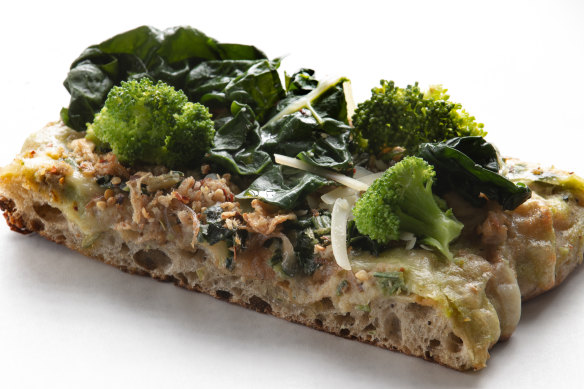 Friulana pizza with broccoli cream,  smashed sausage, broccoli florets, fior di latte and chilli flakes.