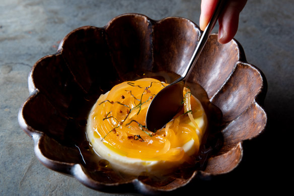 Rockmelon panna cotta with caramelised melon, shiso and sobacha (buckwheat
tea).