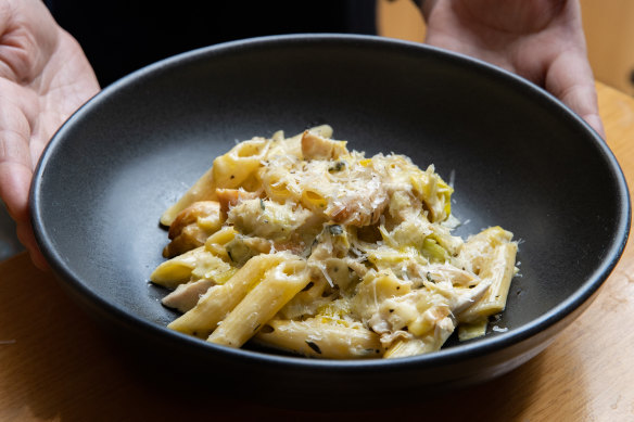 Jerry Mai’s creamy chicken and leek pasta.