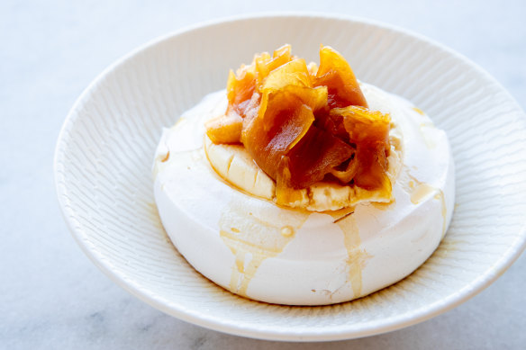 Pineapple pavlova with creme fraiche and molasses.