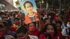 Protesters outside Myanmar’s embassy in Bangkok on Monday.