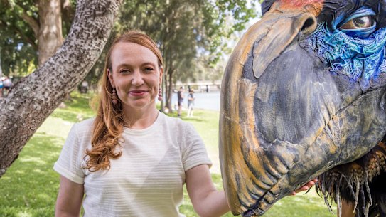 Sydney Festival director Olivia Ansell with Thunderbird, a prehistoric megafauna puppet from Prehistoric Picnic.