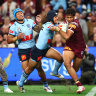 Selwyn Cobbo is tackled by Jarome Luai in the State of Origin decider.