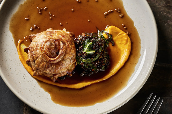 Rabbit and prune pithiviers with carrot puree.