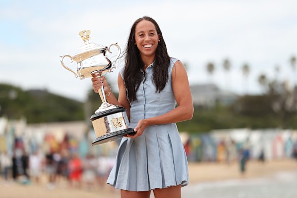 Madison Keys of the United States poses with the Daphne Akhurst Memorial Cup at Brighton Life Saving Club the morning after defeating Aryna Sabalenka the Women’s Singles Final.