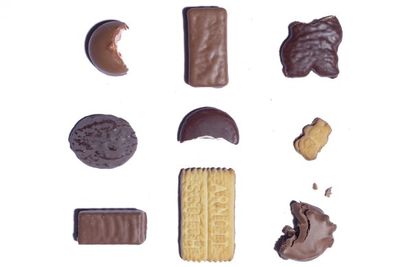 Assorted chocolate coated biscuits for Callan Boys Arnott’s biscuit review. Photographed February 22, 2024. Photo: Dominic Lorrimer