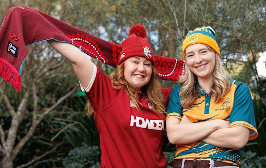 Friendly rivalry: Rebecca Grice, left, supports British and Irish Lions while close friend Georgia King is a Wallabies fan.