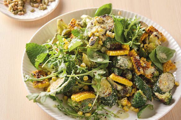 Chargrilled zucchini and broccoli salad with corn and rocket is a riot of interesting textures and flavours.
