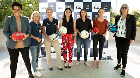 Rebecca Goddard, Katrina Powell, Beth Whaanga, Tal Karp, Heather Garriock, Sam Lane, and Carrie Graf at the AIS Talent Program launch in Canberra.