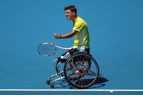 Fellow Dutchman Niels Vink  celebrates winning a point against  Schroder.