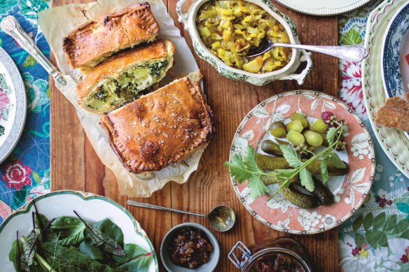 Picnic pie and green tomato relish (foreground).