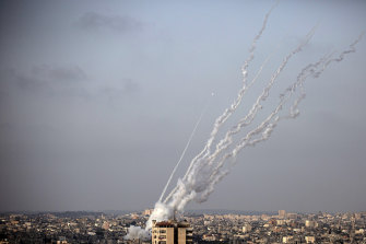 Rockets are launched from the Gaza Strip towards Israel on Monday.