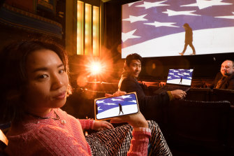 Coming to screens near you: Ling Ang, Chris Pang and Al Cossar demonstrate some of the many ways MIFF will reach audiences this year.