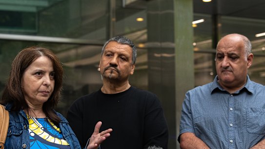 Family members of the victims: Maxine Tsihlakis, Spiros Vasilakis and Steve Samaras before the Victorian District Court following the fine and conviction.