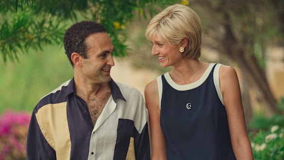 Khalid Abdalla as Dodi Fayed and Elizabeth Debicki as Princess Diana in The Crown.