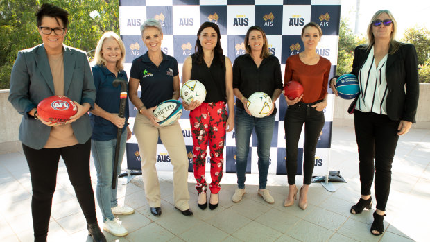 Rebecca Goddard, Katrina Powell, Beth Whaanga, Tal Karp, Heather Garriock, Sam Lane, and Carrie Graf at the AIS Talent Program launch in Canberra.