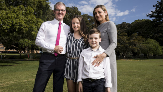 The new NSW Opposition Leader Michael Daley with his wife Christina and children,  Olivia and Austin.