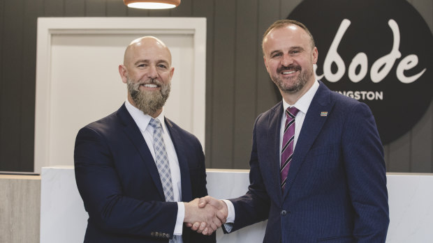 ACT Chief Minister Andrew Barr, and founder and managing director of Geocon, Nick Georgalis at the opening of Abode Kingston on Friday. 