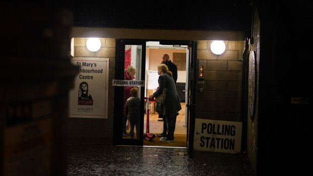 A dark evening at Saint Marys Church Polling Station in London.