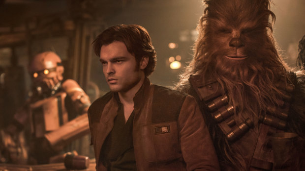 Alden Ehrenreich as Han Solo and Joonas Suotamo as Chewbacca in Solo.