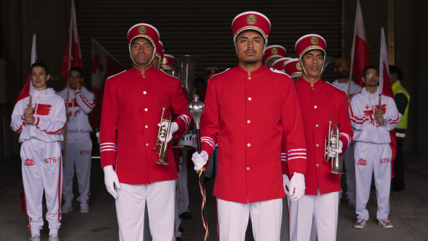 Maka (John-Paul Foliaki)
prepares to lead the band onto the field at before the France v Tonga match in Wellington. 