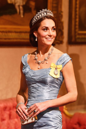 The Duchess of Cambridge wearing the Lover's Knot Tiara and her Garrard engagement ring.