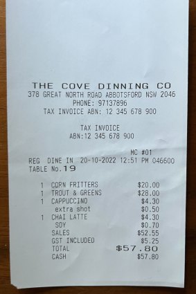 The BIll at The Cove Dining.