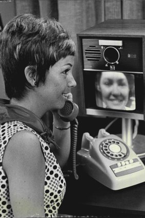 Mrs. B. Simpson of Manly Vale tries a "see-as-you-speak TV telephone" at the David Jones George Street store on October 21, 1969.