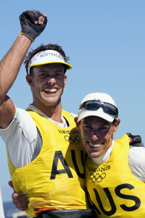 Will Ryan and Mathew Belcher celebebrate after winning gold in sailing.
