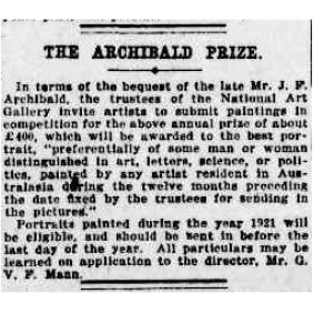 The Herald’s first notice about the Archibald Prize in 1921. 