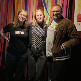 Triple R morning show presenters (from left) Monique Sebire, Nat Harris and Daniel Burt, during the station’s recent radiothon.