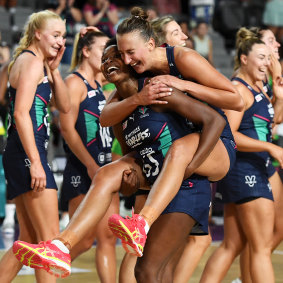 The Melbourne Vixens celebrate their 2020 premiership.