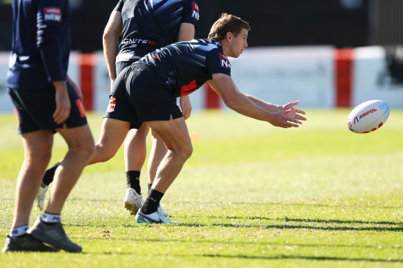 Blayke Brailey passes during Blues training on Tuesday.