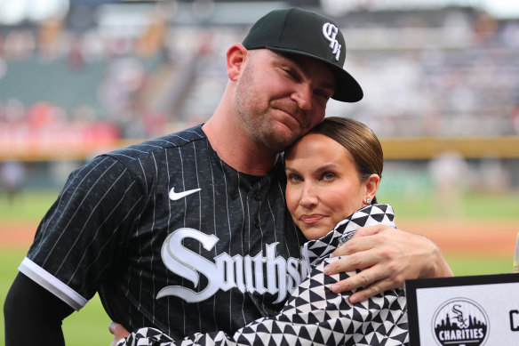 Liam Hendriks and his wife, Kristi, before his comeback game for the Chicago White Sox.