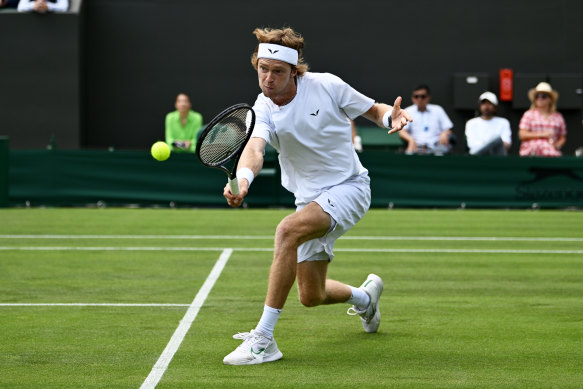 Andrey Rublev plays a backhand against Australia’s Max Purcell on Monday.