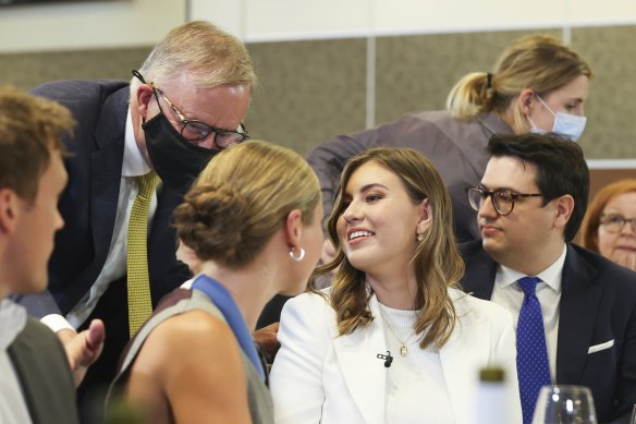 Opposition Leader Anthony Albanese speaking with Grace Tame and Brittany Higgins last month.