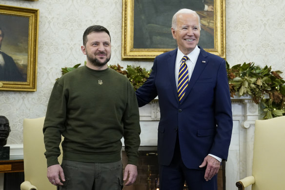 President Joe Biden meets with President Volodymyr Zelensky in the Oval Office.