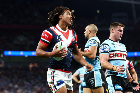 Dominic Young celebrates a try.